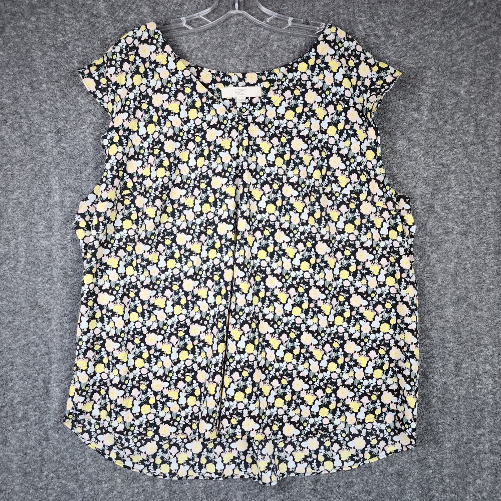 LOFT Plus Floral Blouse Womens 20 Black Yellow Ditsy Print Split Neck Cap Sleeve